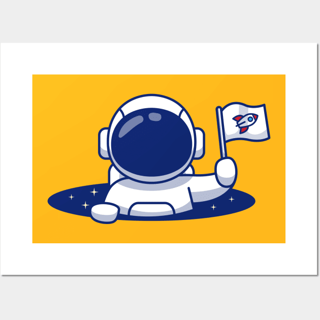 Cute Astronaut Holding Flag In Space Hole Wall Art by Catalyst Labs